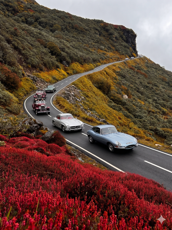 Classic cars driving through the mountains