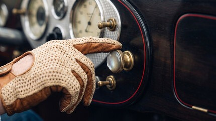 A gloved hand at the controls of a classic car
