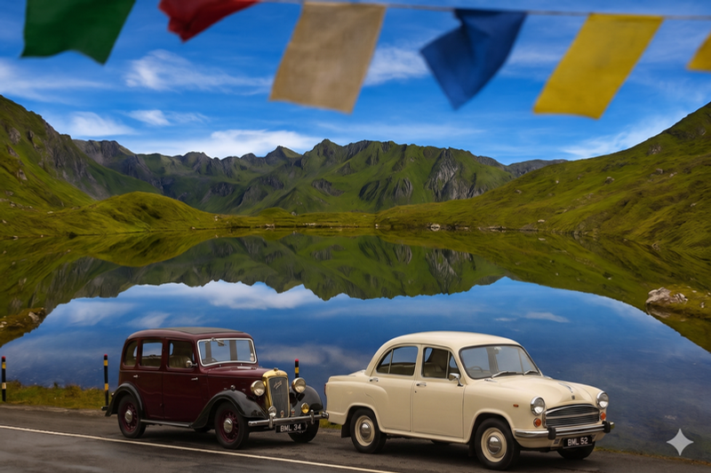 Classic cars beside a mountain lake