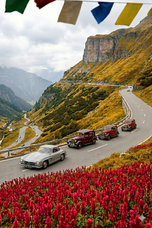 Classic cars on a mountain road